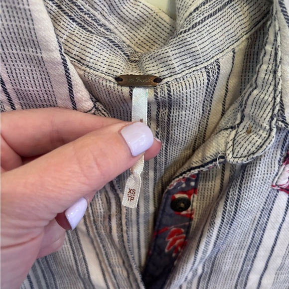 Free People Blue and White Striped Button-Up with Floral Trim oversized fit - Picture 4 of 5